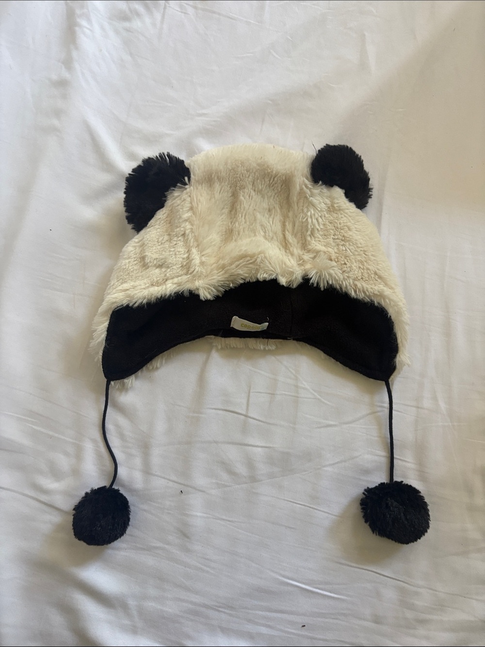 Plush Panda Ear Flap Hat - Cream and Black